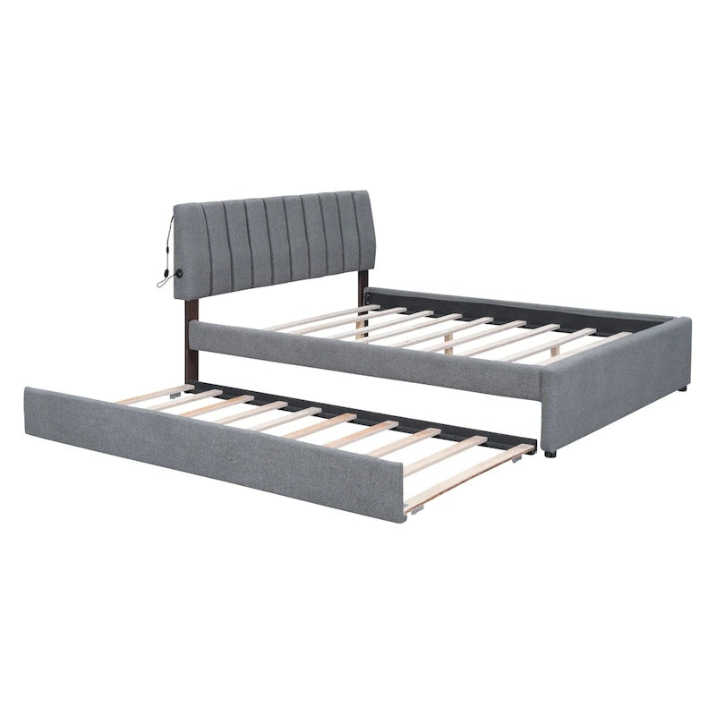Beige/Grey Upholstered Platform Bed with Trundle & LED, Full/Queen, Sleeps 2