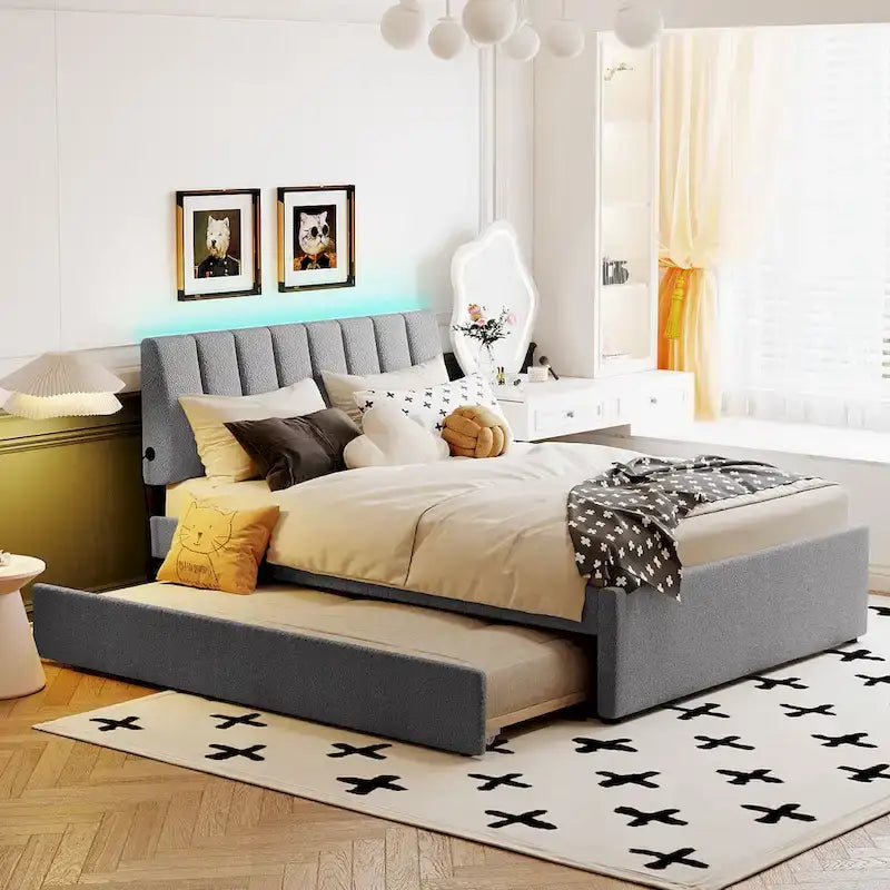 Beige/Grey Upholstered Platform Bed with Trundle & LED, Full/Queen, Sleeps 2
