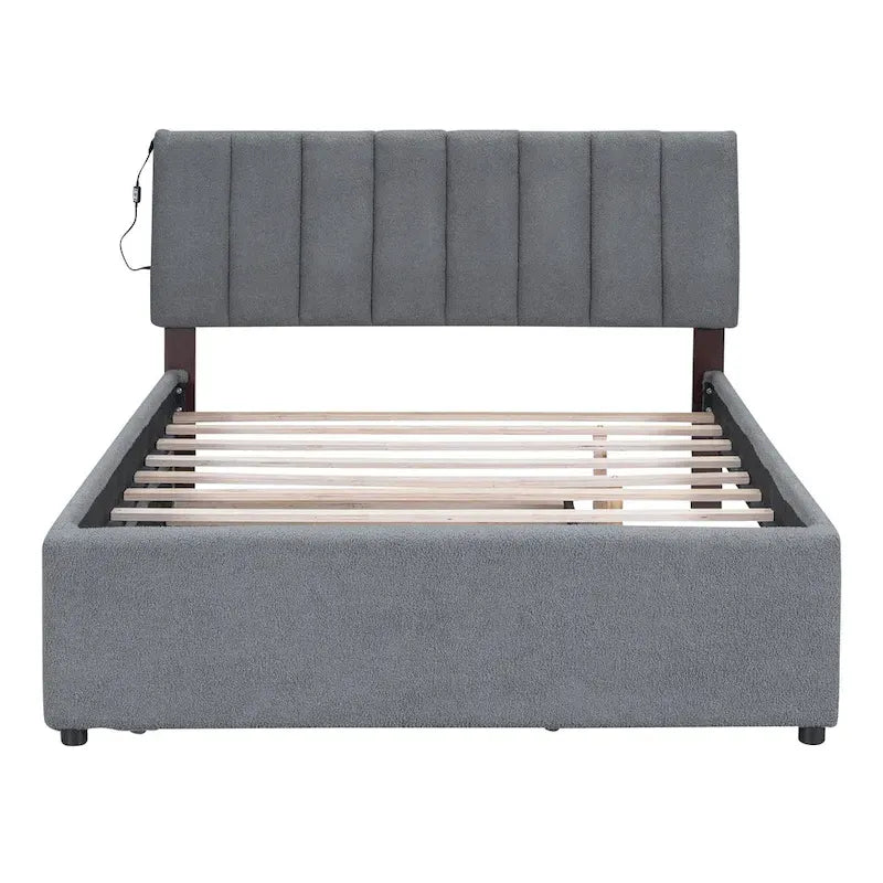 Beige/Grey Upholstered Platform Bed with Trundle & LED, Full/Queen, Sleeps 2
