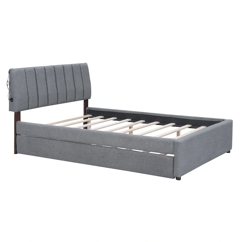 Beige/Grey Upholstered Platform Bed with Trundle & LED, Full/Queen, Sleeps 2