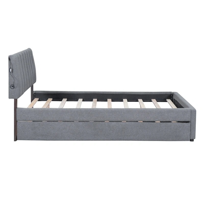 Beige/Grey Upholstered Platform Bed with Trundle & LED, Full/Queen, Sleeps 2