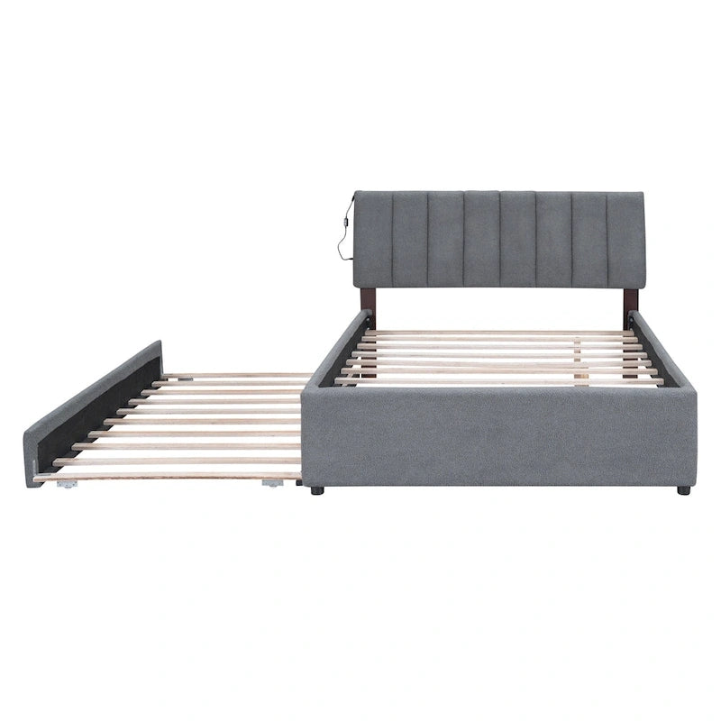 Beige/Grey Upholstered Platform Bed with Trundle & LED, Full/Queen, Sleeps 2