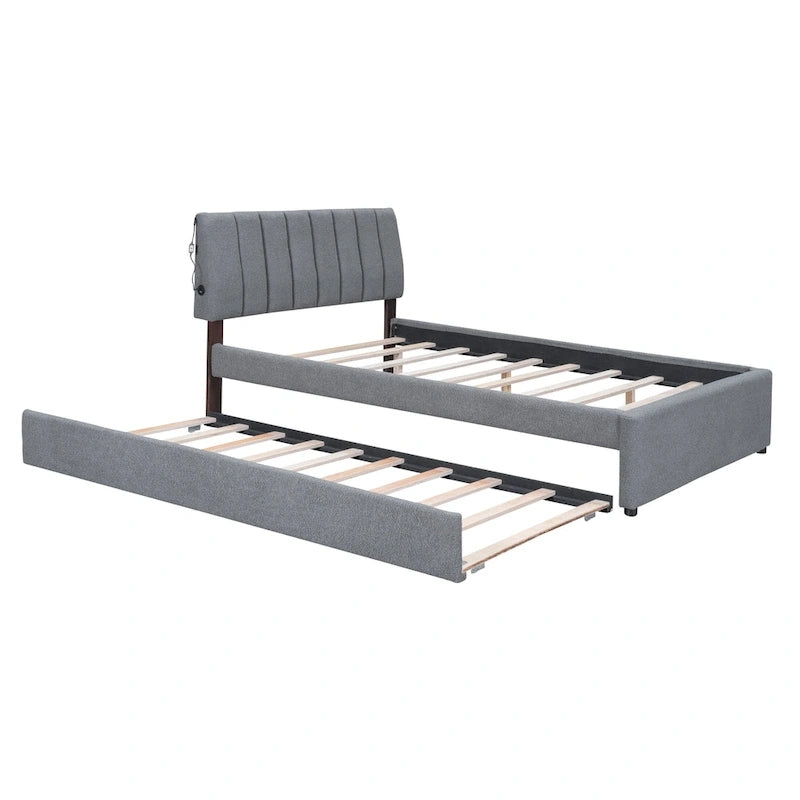 Beige/Grey Upholstered Platform Bed with Trundle & LED, Full/Queen, Sleeps 2