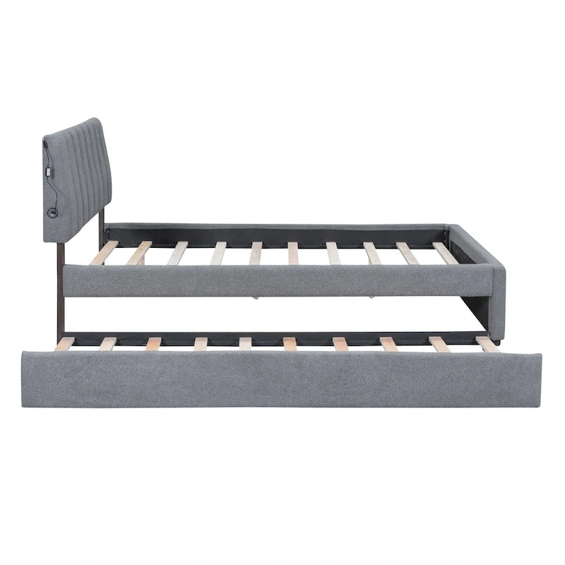 Beige/Grey Upholstered Platform Bed with Trundle & LED, Full/Queen, Sleeps 2