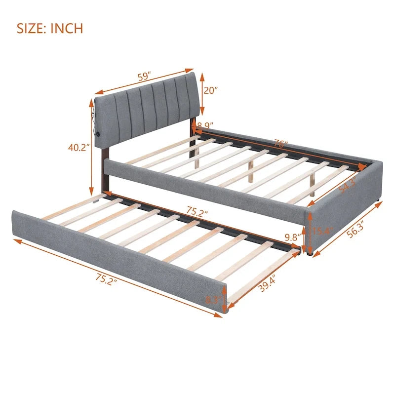 Beige/Grey Upholstered Platform Bed with Trundle & LED, Full/Queen, Sleeps 2