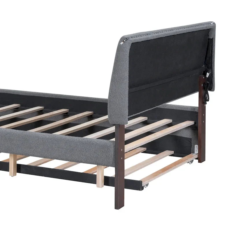 Beige/Grey Upholstered Platform Bed with Trundle & LED, Full/Queen, Sleeps 2