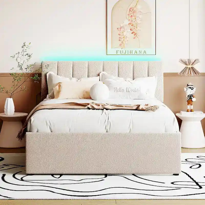 Beige/Grey Upholstered Platform Bed with Trundle & LED, Full/Queen, Sleeps 2