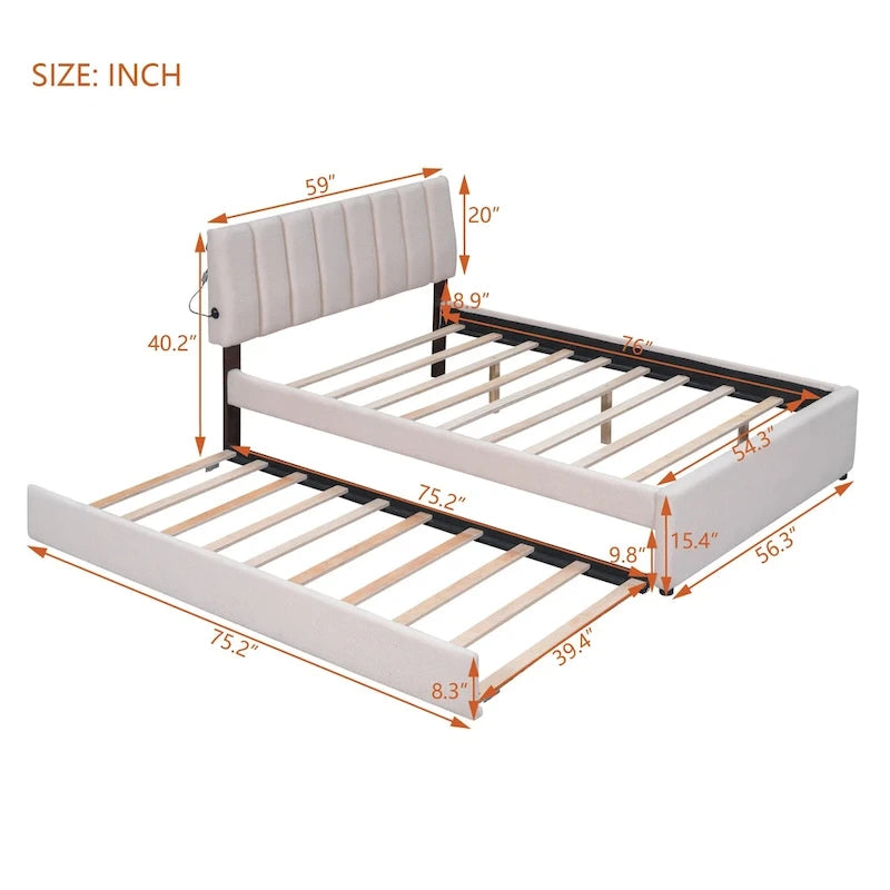 Beige/Grey Upholstered Platform Bed with Trundle & LED, Full/Queen, Sleeps 2