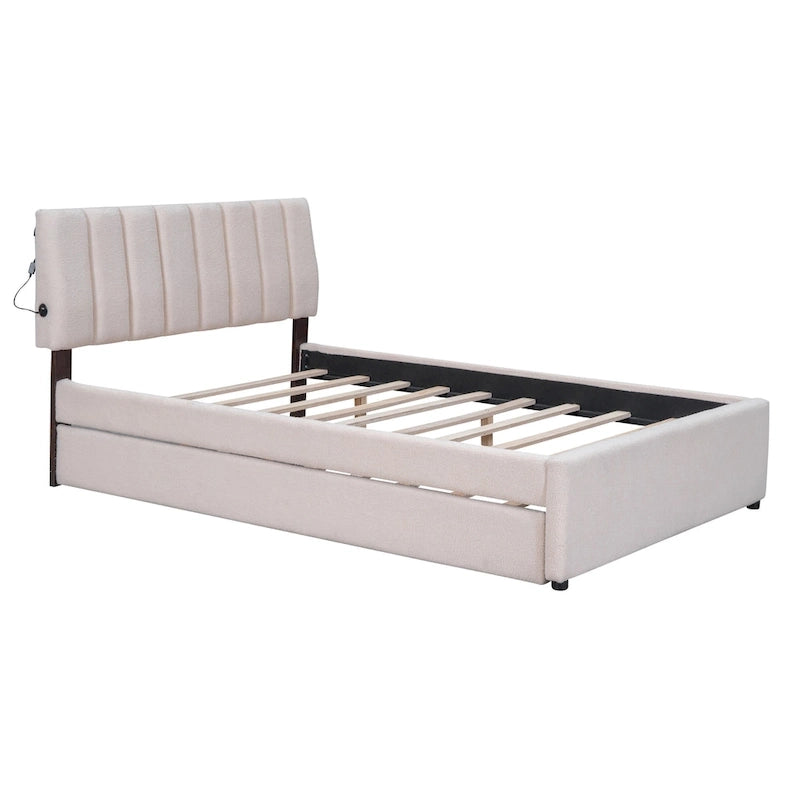 Beige/Grey Upholstered Platform Bed with Trundle & LED, Full/Queen, Sleeps 2