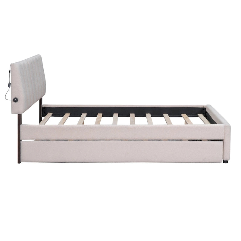 Beige/Grey Upholstered Platform Bed with Trundle & LED, Full/Queen, Sleeps 2