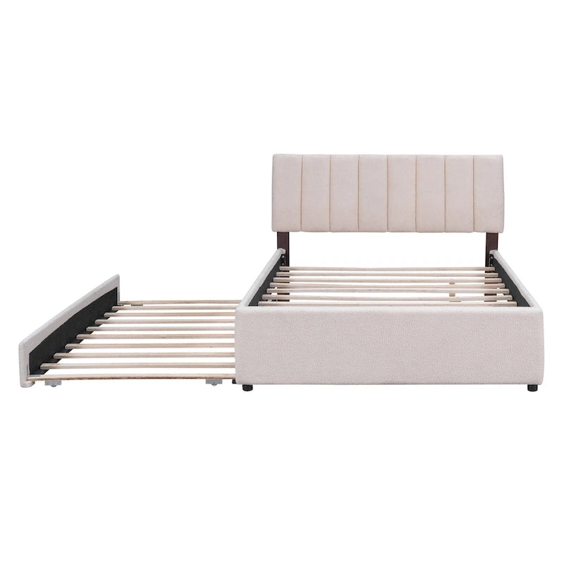 Beige/Grey Upholstered Platform Bed with Trundle & LED, Full/Queen, Sleeps 2