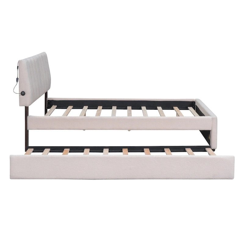 Beige/Grey Upholstered Platform Bed with Trundle & LED, Full/Queen, Sleeps 2