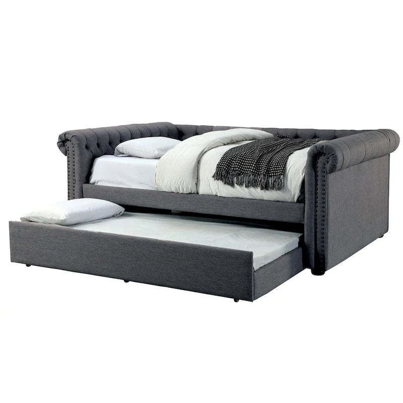 Grey / Beige Queen Daybed with Twin Trundle, Tufted Linen Fabric, Sleeps 2