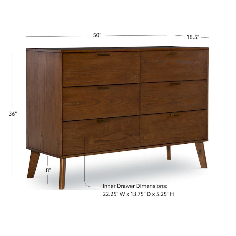 Walnut / Natural 6-Drawer Dresser, Mid-Century Style