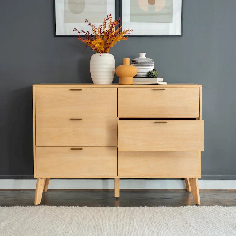 Walnut / Natural 6-Drawer Dresser, Mid-Century Style