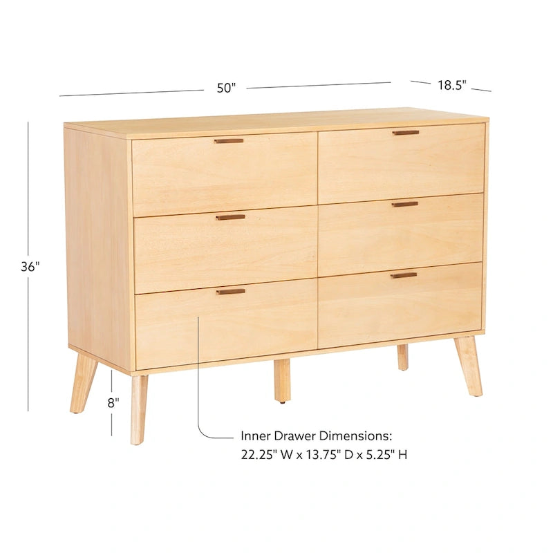 Walnut / Natural 6-Drawer Dresser, Mid-Century Style