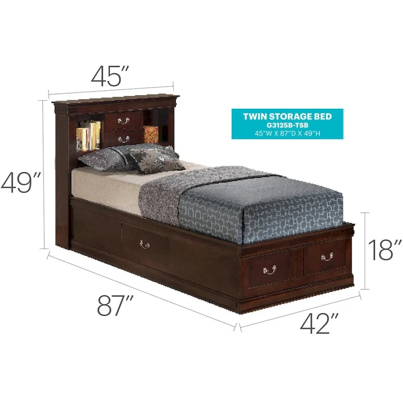 Twin Storage Platform Bed with 6 Drawers (Black / Cherry / Cappuccino / Grey / White) – Sleeps 1