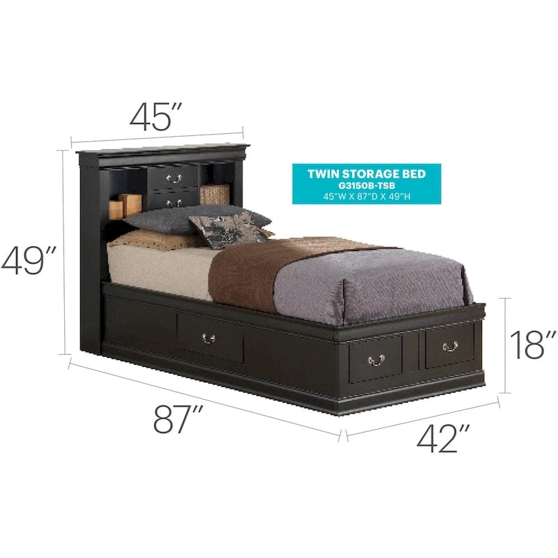 Twin Storage Platform Bed with 6 Drawers (Black / Cherry / Cappuccino / Grey / White) – Sleeps 1
