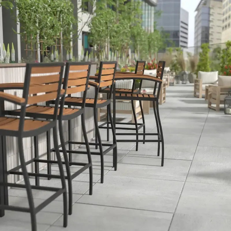 Teak / Gray Wash Outdoor Bar Stool with Arms, 1-Seat, Poly Resin Slats