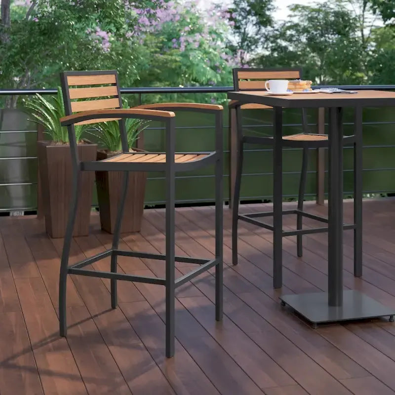 Teak / Gray Wash Outdoor Bar Stool with Arms, 1-Seat, Poly Resin Slats