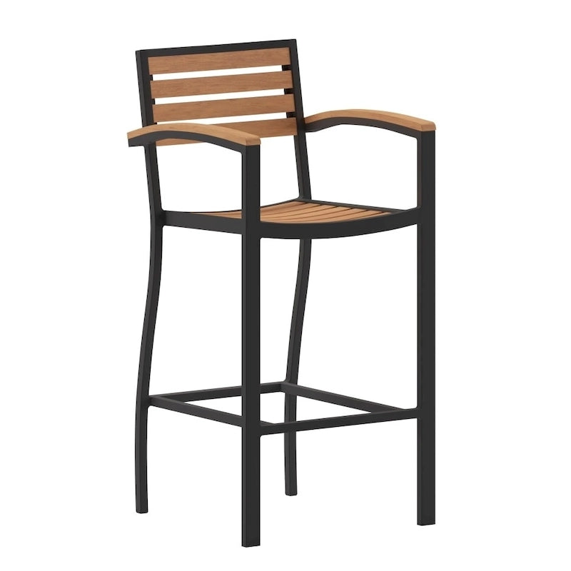 Commercial Grade Outdoor Bar Stool with Armrests and Poly Resin Slats