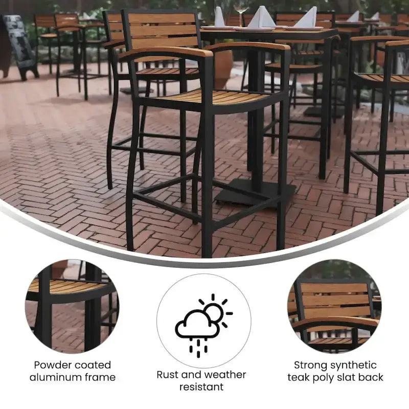 Teak / Gray Wash Outdoor Bar Stool with Arms, 1-Seat, Poly Resin Slats