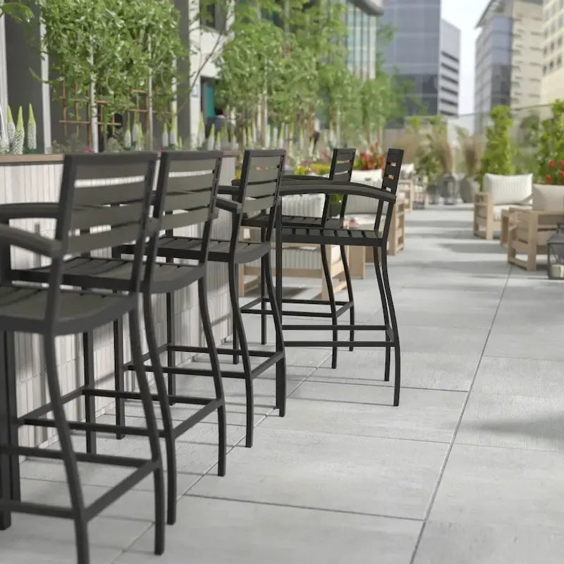 Teak / Gray Wash Outdoor Bar Stool with Arms, 1-Seat, Poly Resin Slats