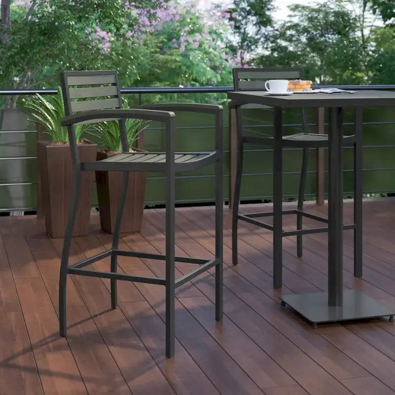 Teak / Gray Wash Outdoor Bar Stool with Arms, 1-Seat, Poly Resin Slats