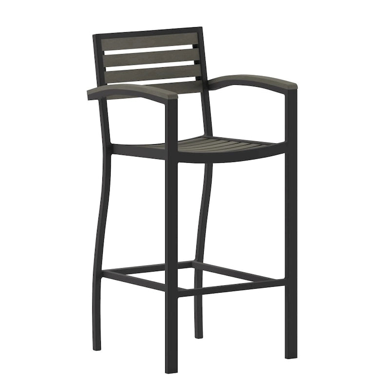 Teak / Gray Wash Outdoor Bar Stool with Arms, 1-Seat, Poly Resin Slats