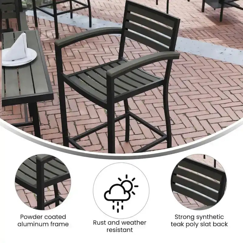 Teak / Gray Wash Outdoor Bar Stool with Arms, 1-Seat, Poly Resin Slats