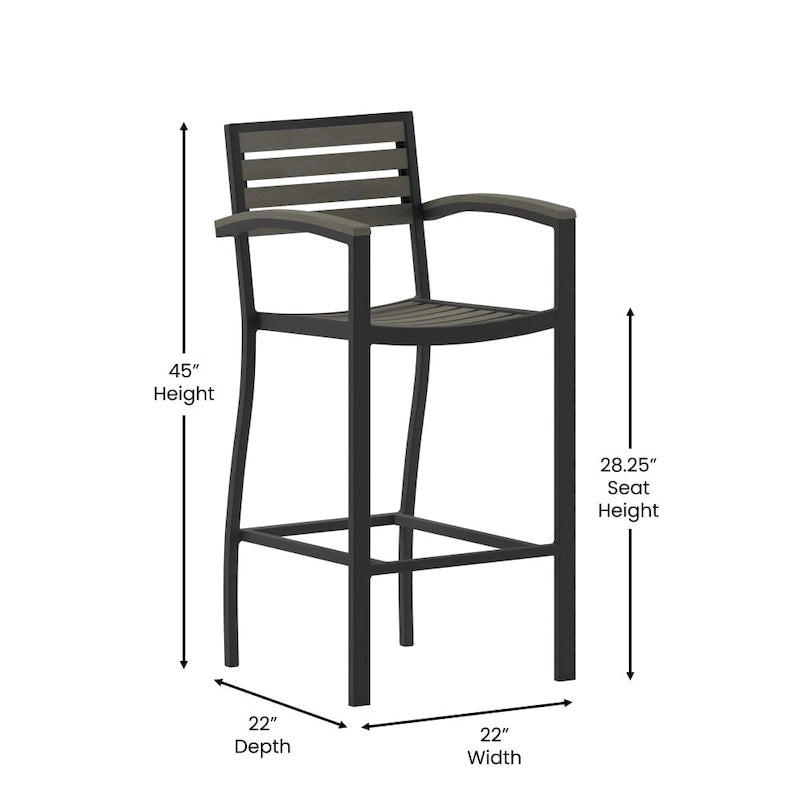 Teak / Gray Wash Outdoor Bar Stool with Arms, 1-Seat, Poly Resin Slats