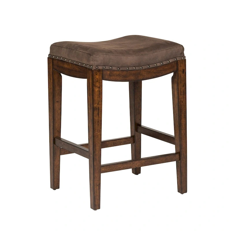 Russet Brown Upholstered Console Stool, Saddle Seat, Single