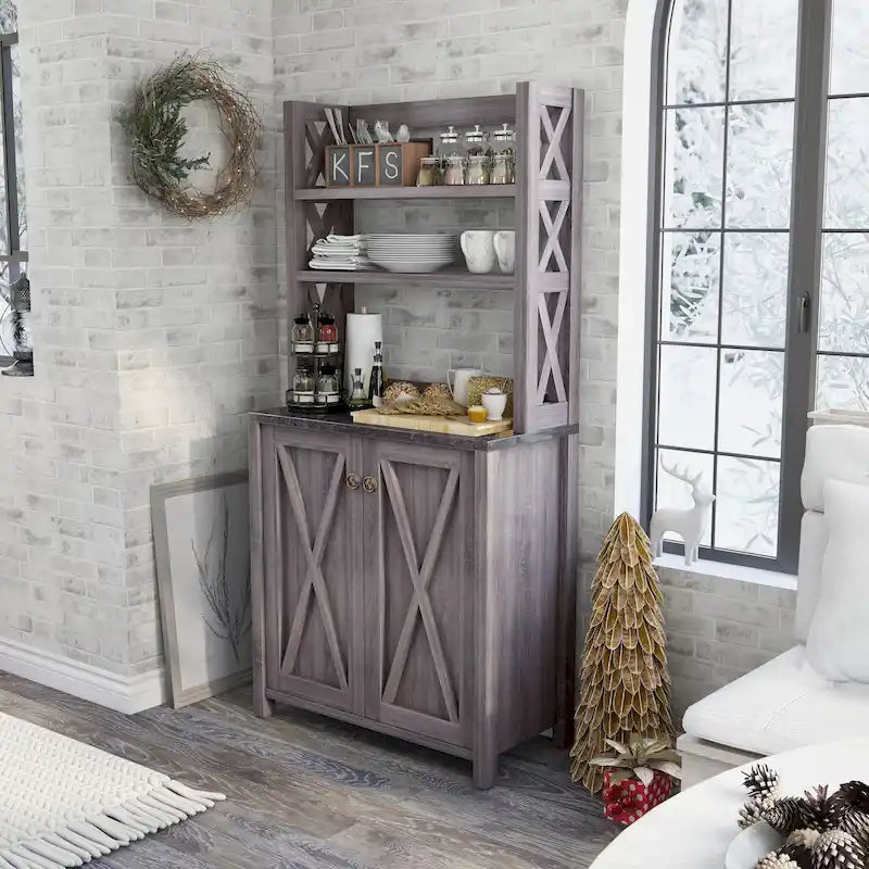 Rustic Microwave Cabinet with Open Shelves, Distressed Grey / White Oak