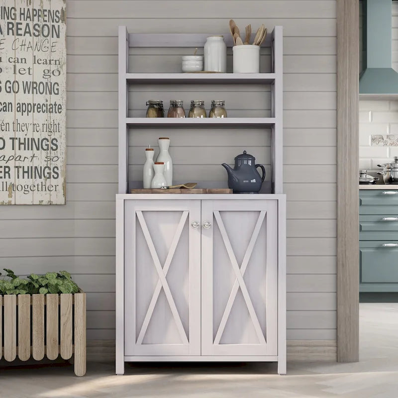 Rustic Microwave Cabinet with Open Shelves, Distressed Grey / White Oak