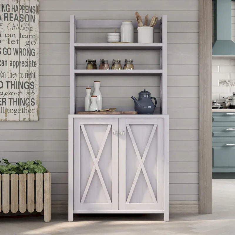 Rustic Microwave Cabinet with Open Shelves, Distressed Grey / White Oak