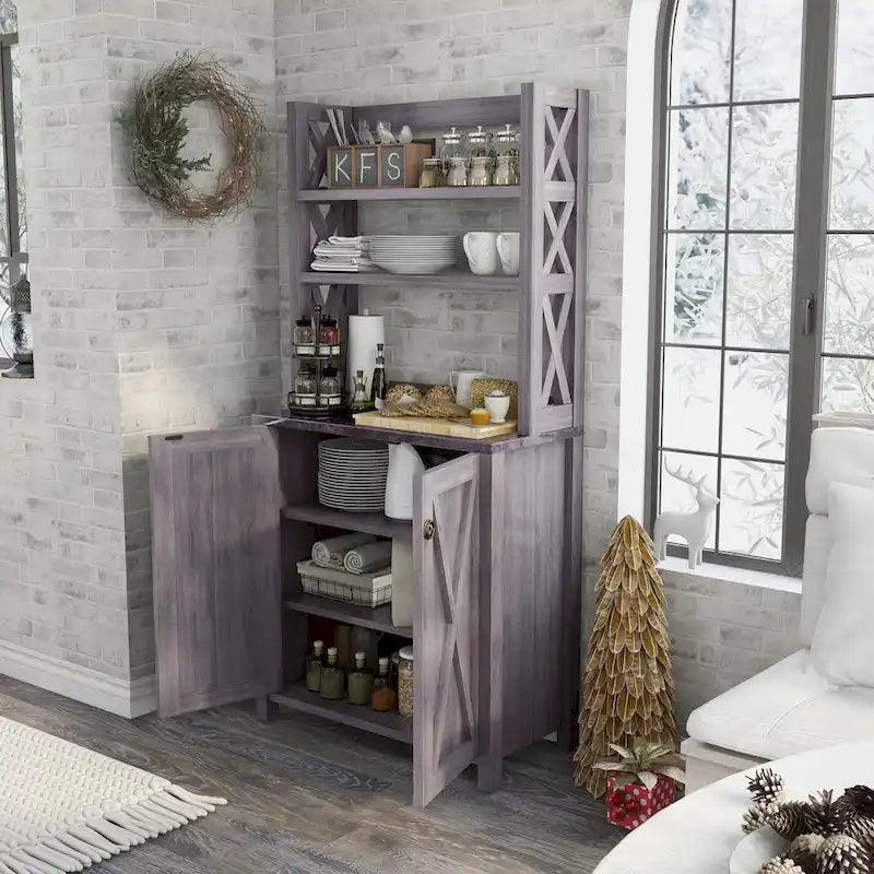 Rustic Microwave Cabinet with Open Shelves, Distressed Grey / White Oak