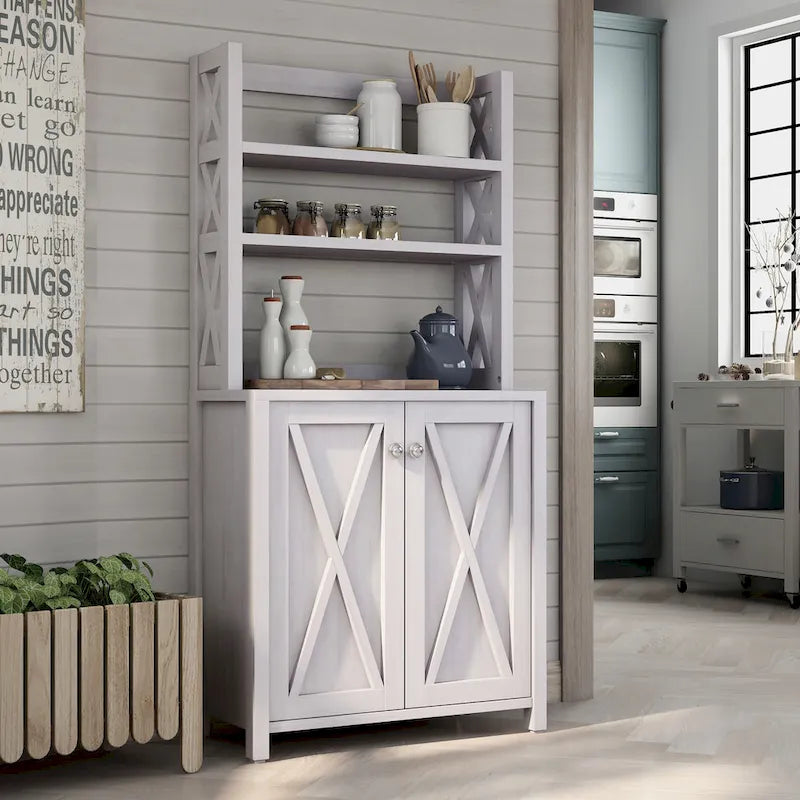 Rustic Microwave Cabinet with Open Shelves, Distressed Grey / White Oak