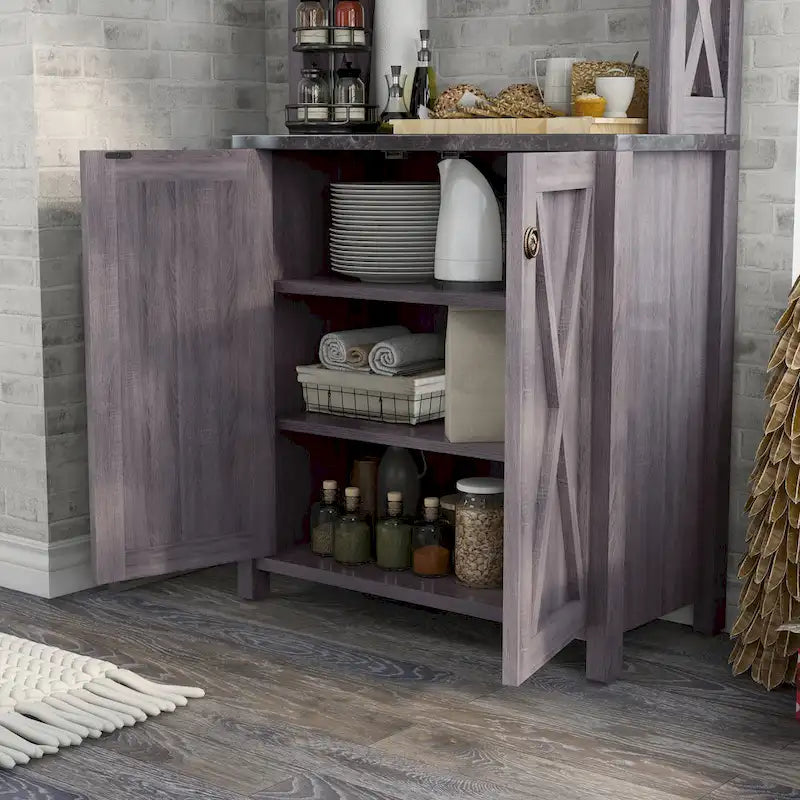 Rustic Microwave Cabinet with Open Shelves, Distressed Grey / White Oak