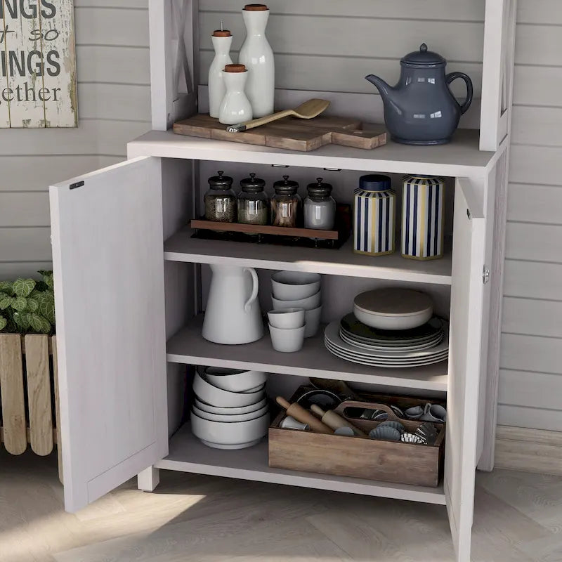 Rustic Microwave Cabinet with Open Shelves, Distressed Grey / White Oak