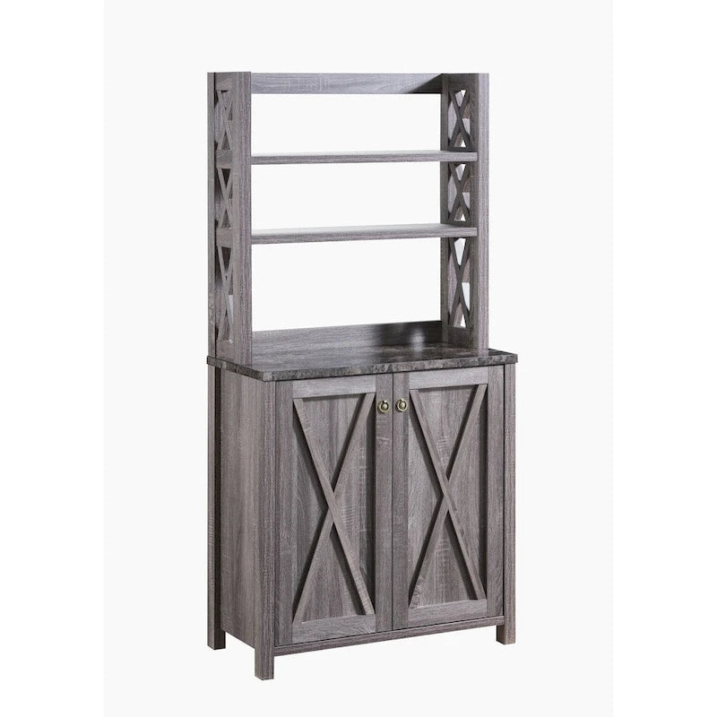 Rustic Microwave Cabinet with Open Shelves, Distressed Grey / White Oak