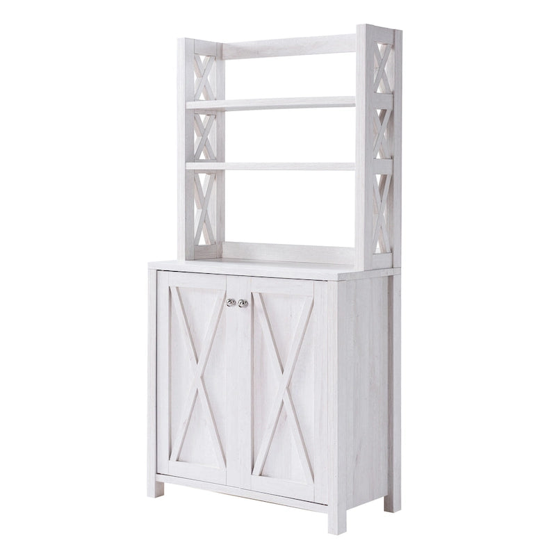 Rustic Microwave Cabinet with Open Shelves, Distressed Grey / White Oak
