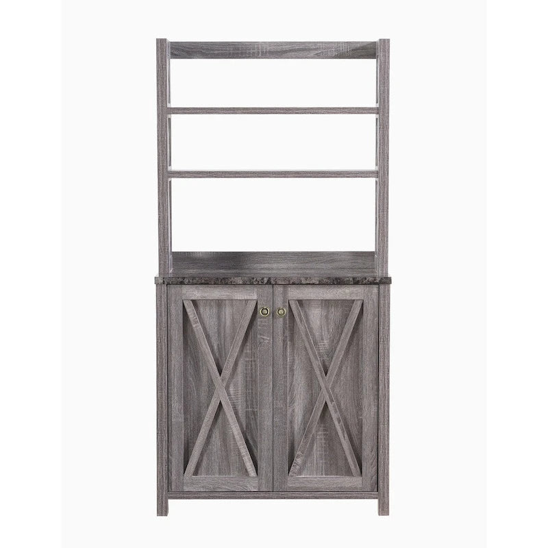 Rustic Microwave Cabinet with Open Shelves, Distressed Grey / White Oak