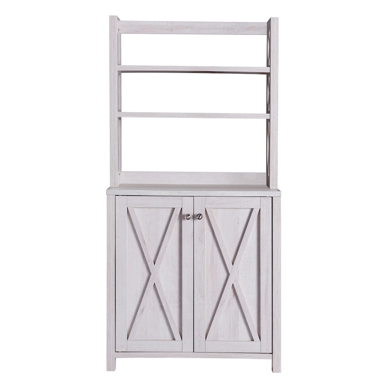 Rustic Microwave Cabinet with Open Shelves, Distressed Grey / White Oak