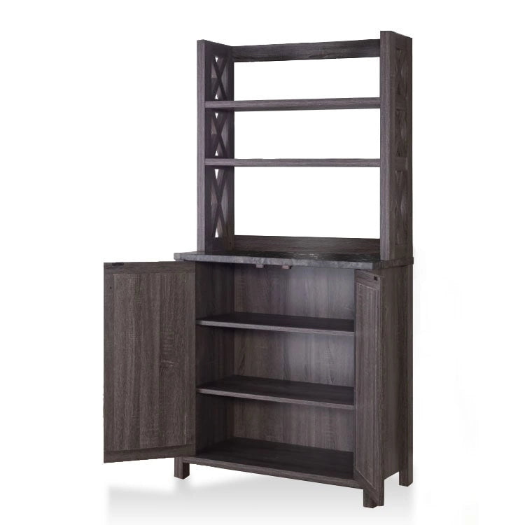 Rustic Microwave Cabinet with Open Shelves, Distressed Grey / White Oak