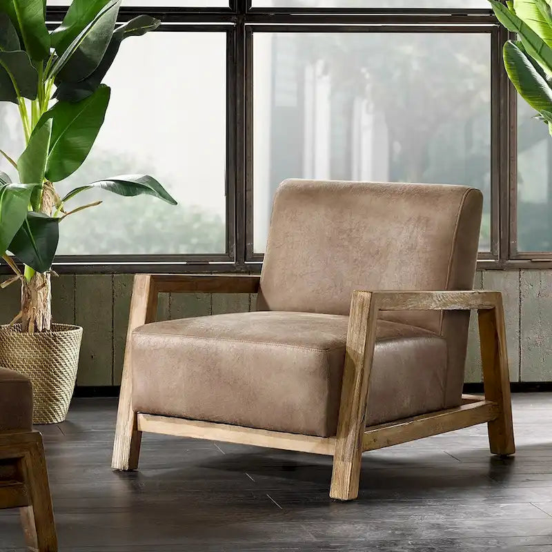 Taupe Low Profile Accent Chair, PU Leather, Single Seat
