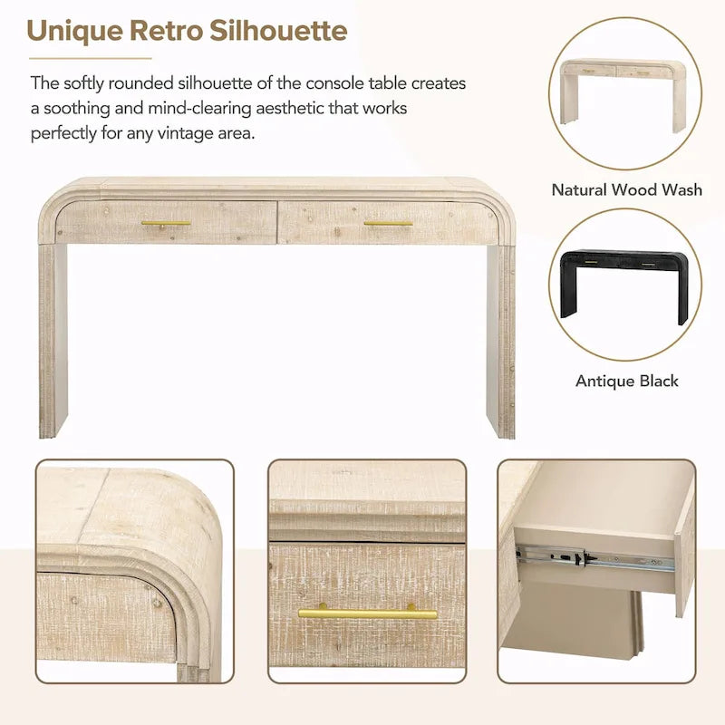 Natural Wood Wash / Black Retro Console Table with 2 Drawers