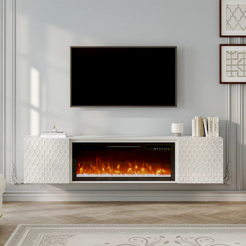 White/Black 67" Wall-Mounted TV Stand with 36" Electric Fireplace, 1-2 Person Assembly
