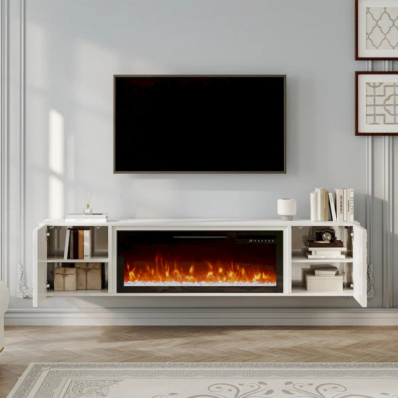 White/Black 67" Wall-Mounted TV Stand with 36" Electric Fireplace, 1-2 Person Assembly