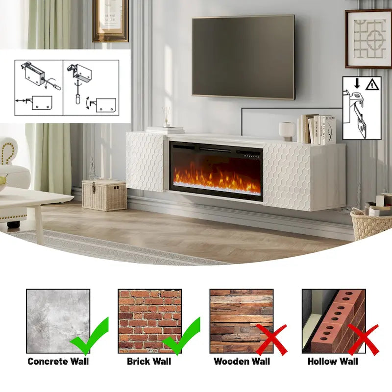 White/Black 67" Wall-Mounted TV Stand with 36" Electric Fireplace, 1-2 Person Assembly