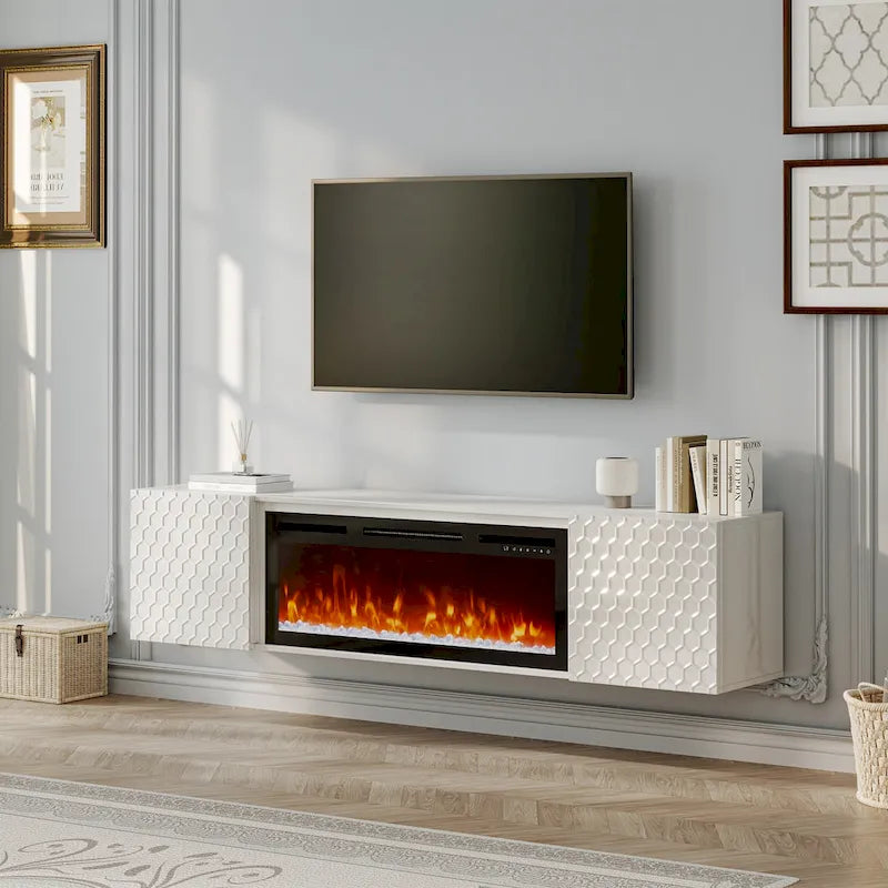 White/Black 67" Wall-Mounted TV Stand with 36" Electric Fireplace, 1-2 Person Assembly